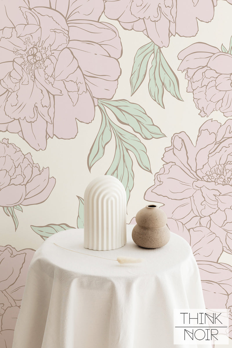 Pastel Peony Design Large Wall Mural for walls ThinkNoirWallpaper