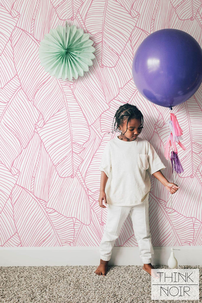 kids bedroom interior with balloons and tropical pink wallpaper
