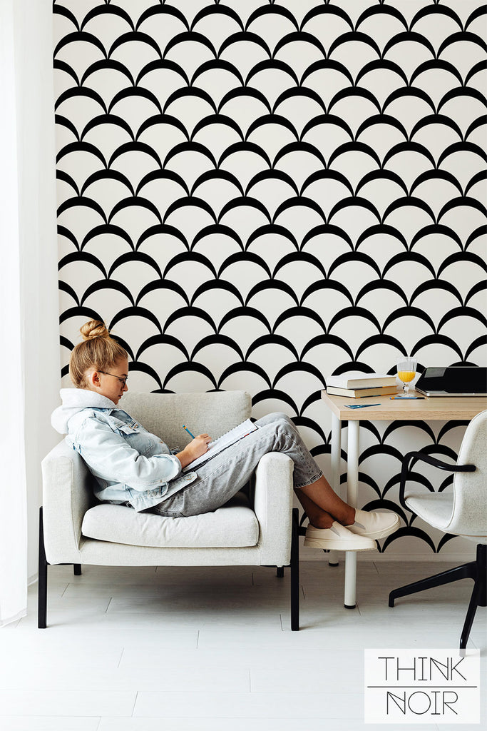 elegant black and white scallop print wallpaper accent wall for teen bedroom