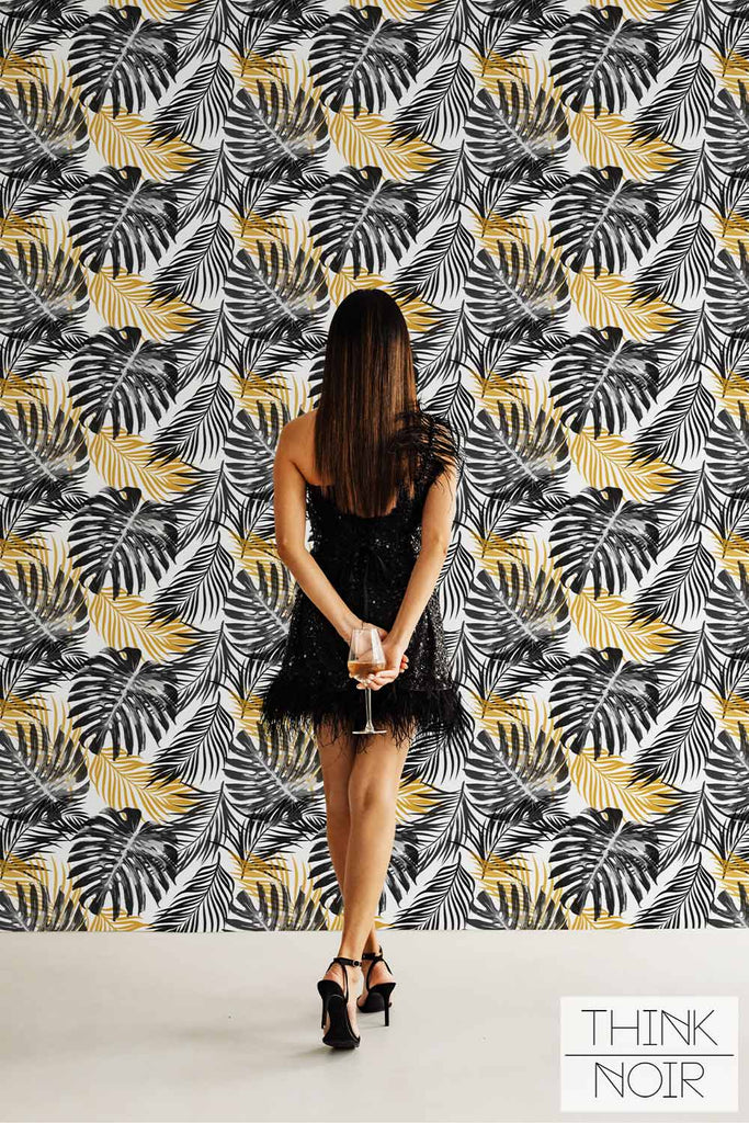 Self adhesive black & gold palm leaves wallpaper