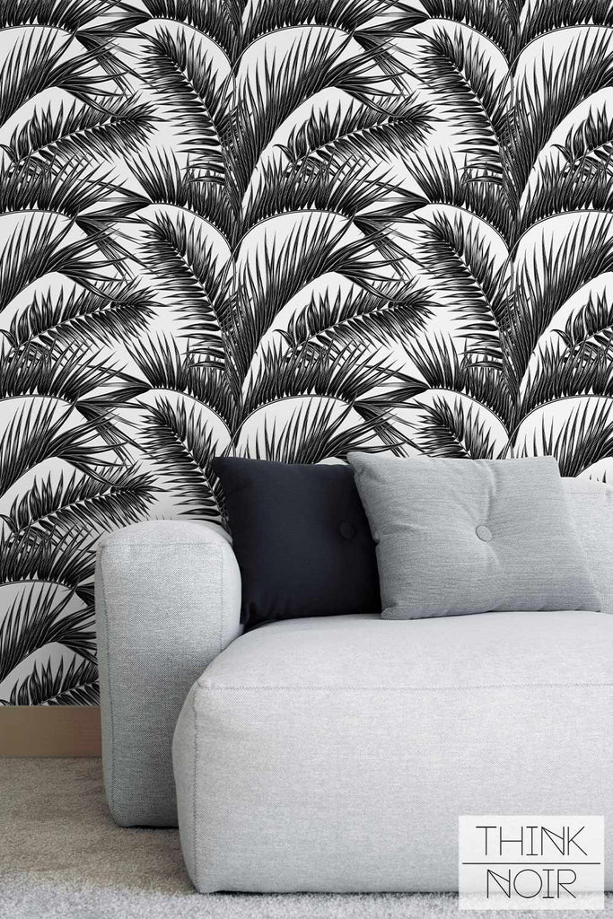 Modern living room design with black and white palm print design removable wallpaper