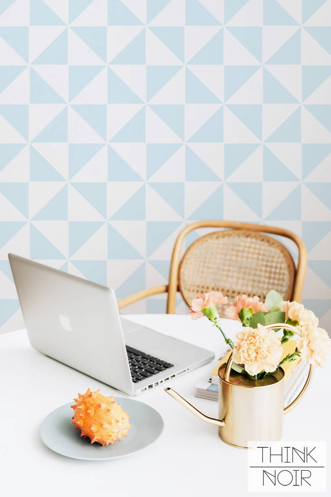 light blue geometric print wallpaper design for cute dining area