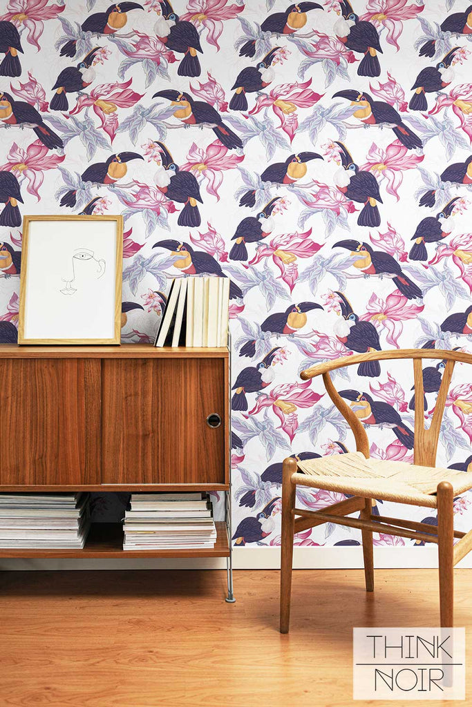 Elegant Blush Pink Animal Bird Wallpaper for midcentury modern living room