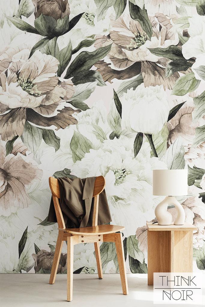 romantic floral print wall mural with peonies