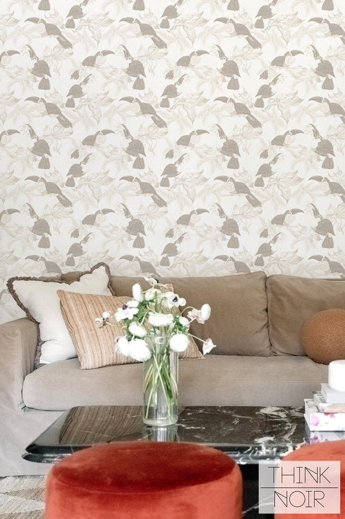 jungle inspired wallpaper design in neutral colors for living room 
