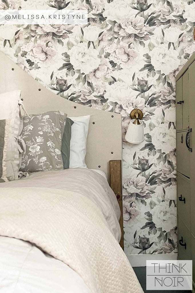 vintage peony print wallpaper in neutral bedroom