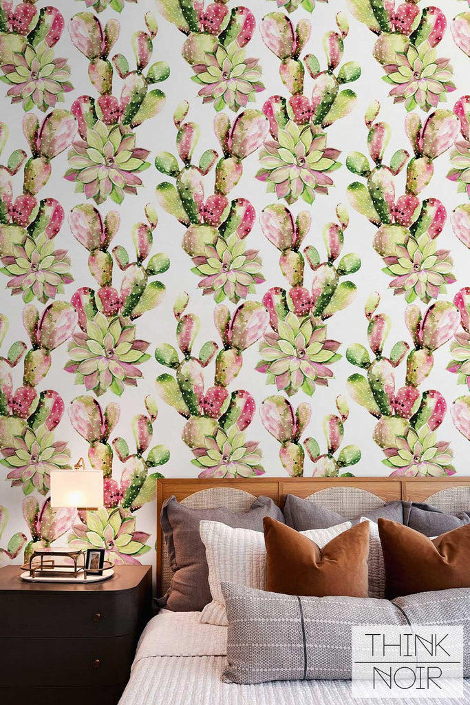 Bohemian cactus print removable wallpaper in bedroom setting