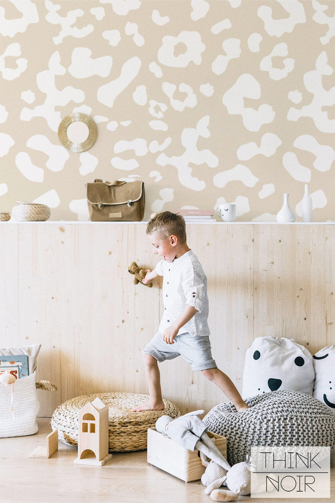 kids playroom interior with neutral leopard print wall mural