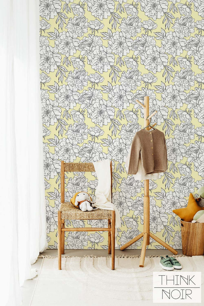 bright yellow wallpaper design with large peonies for kids bedroom interior