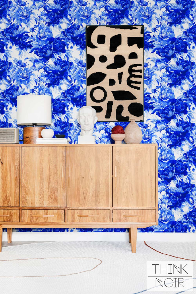 bright blue peony design wallpaper in modern living room interior