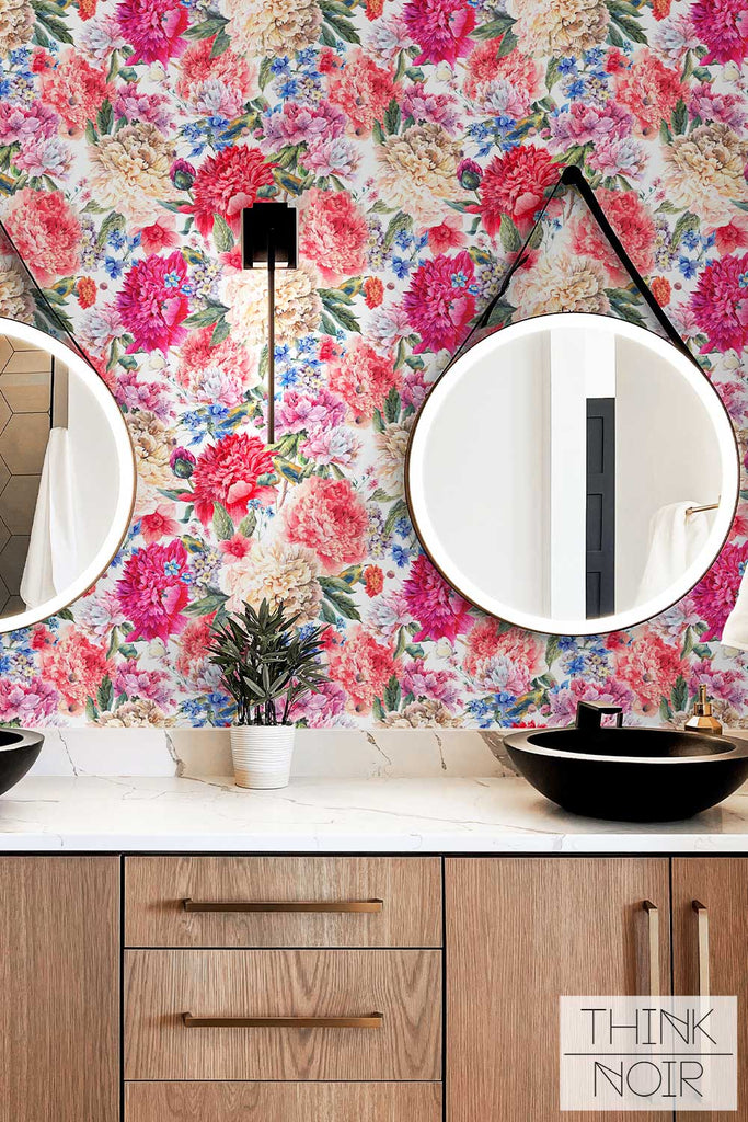 powder room Interior accent wall with floral wallpaper print