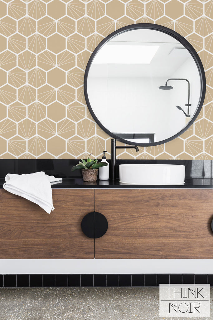 elegant bathroom interior with geometric print wallpaper