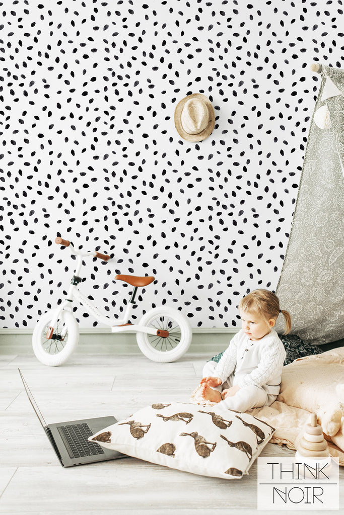 cute black and white spots print wallpaper for kids playroom