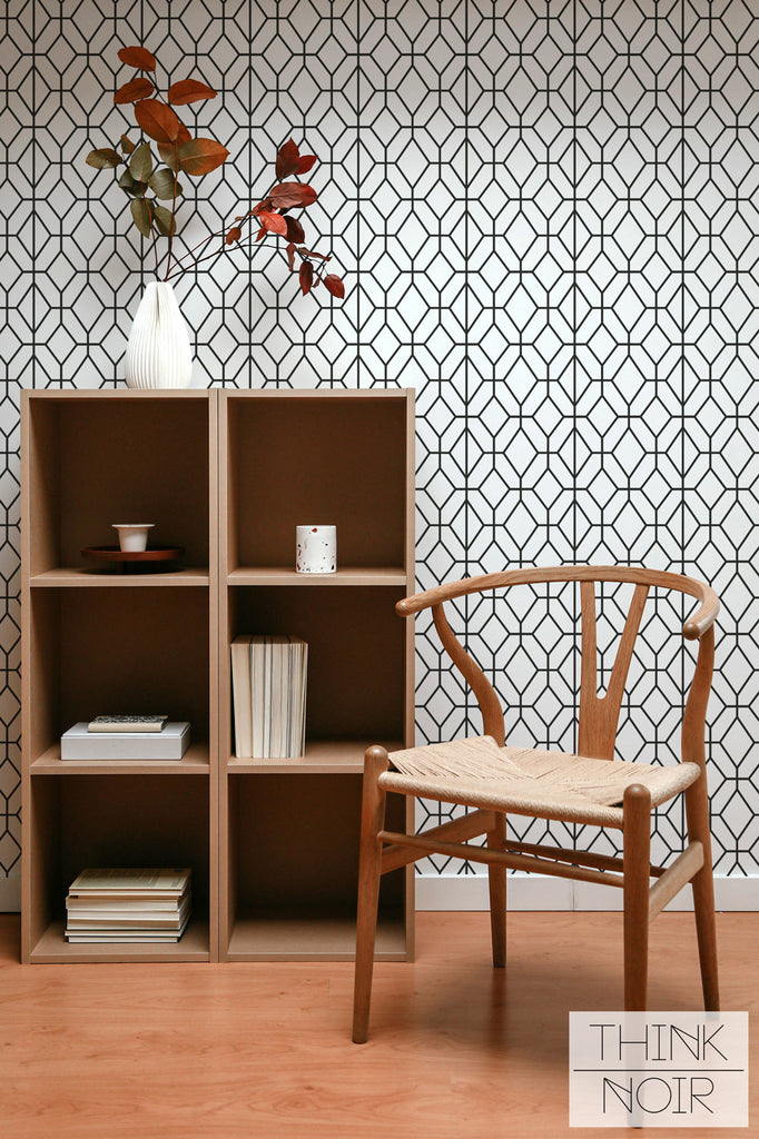 Dark grey lines geometric removable wallpaper in a modern home interior
