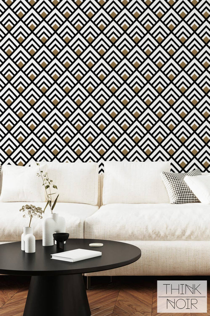 elegant living room interior with diamond shaped wallpaper in gold