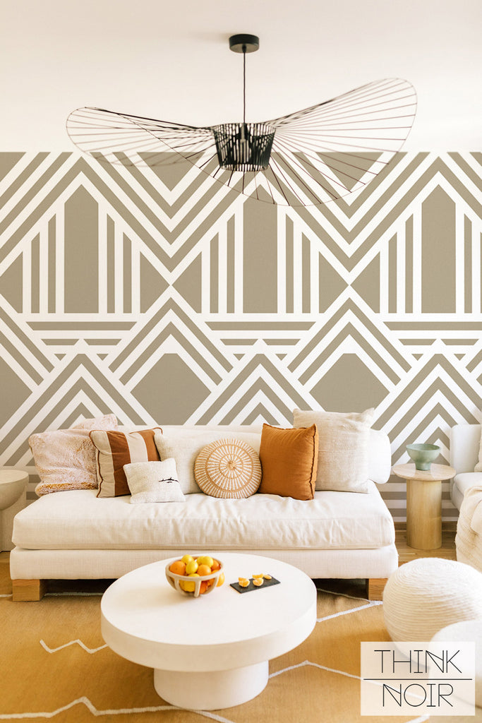 Oversized geometric removable wallpaper in bohemian living room