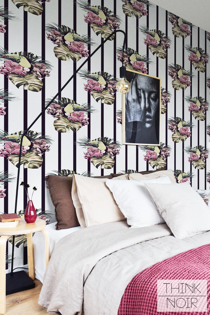 Tropical toucan bird peel and stick wallpaper for bright bedroom