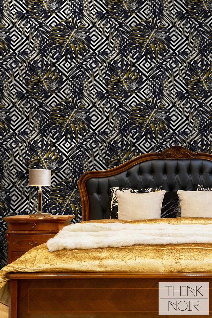 Self adhesive black & gold tropical wallpaper in luxury bedroom