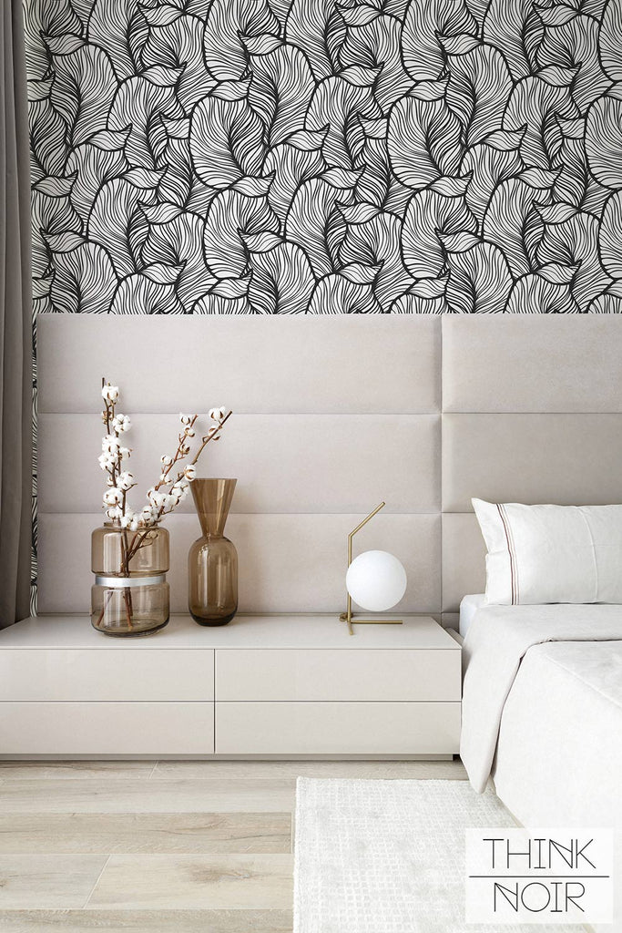 Black & White feminine floral wallpaper for elegant bedroom interior