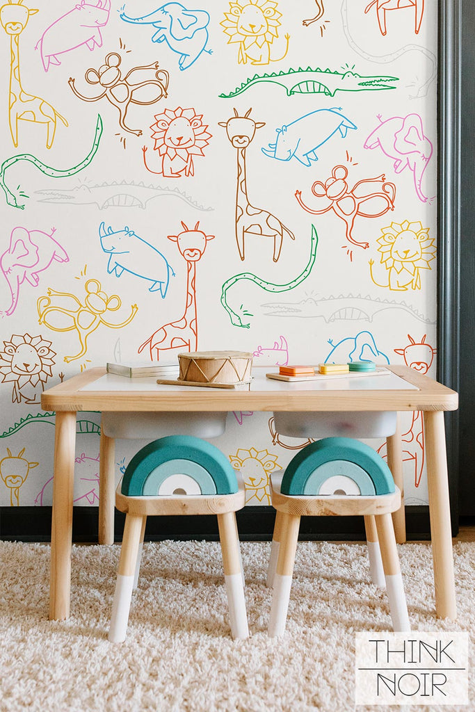 multicolor wild animal pattern wallpaper in kids playroom