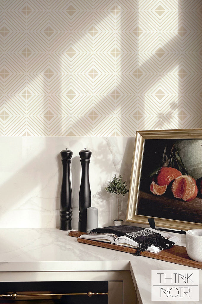 geometric tile inspired wallpaper in retro style kitchen