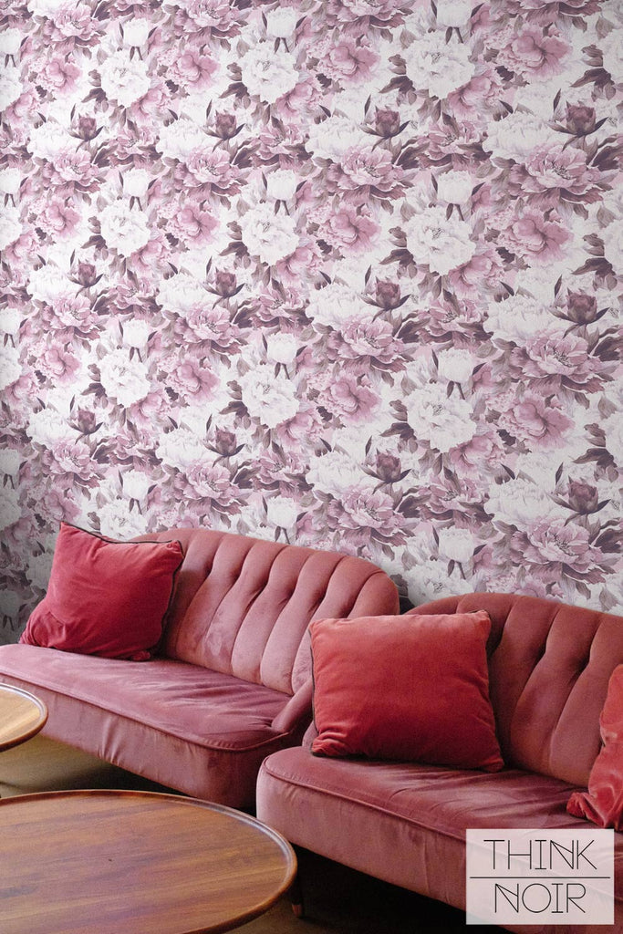 Pink Peonies watercolor wallpaper in feminine living space
