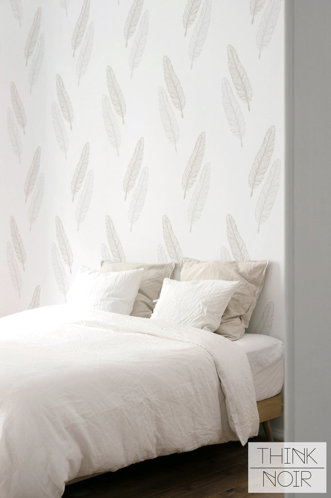 light feather inspired print wallpaper for calm bedroom interior