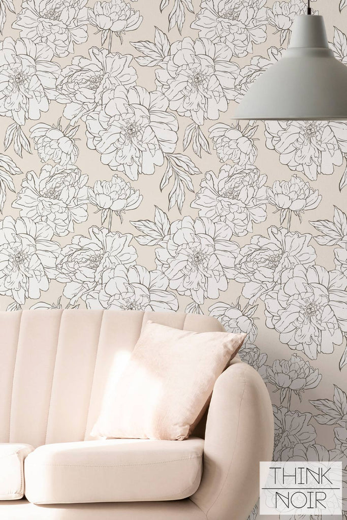 Light feminine peony flower wallpaper print in cute living space