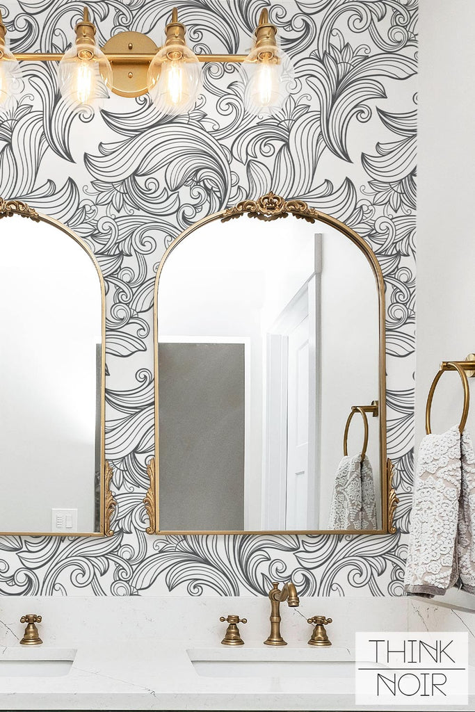 Powder room with Baroque print wallpaper