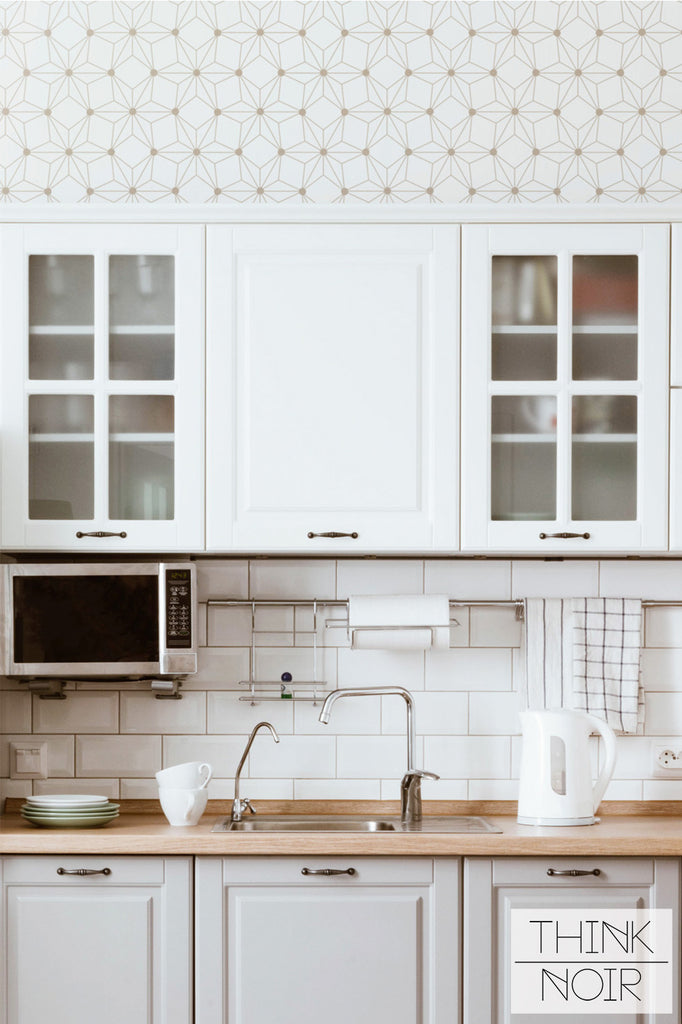 minimalistic kitchen interior with geometric pattern wallpaper