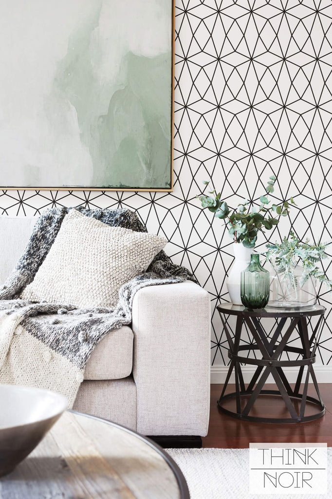 geometric circles wallpaper design in green living room interior