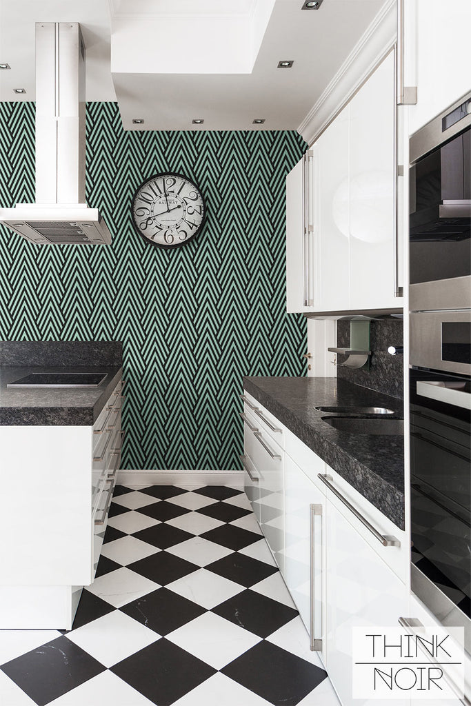 High end interior design geometric wallpaper in kitchen