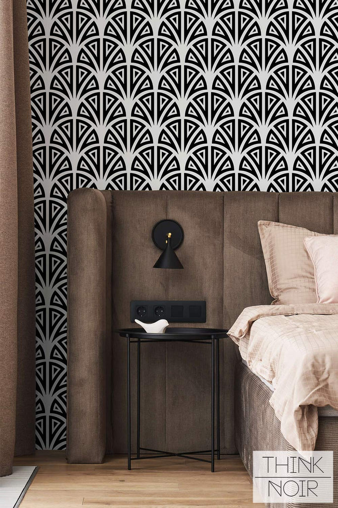 Modern bedroom interior with art deco wallpaper