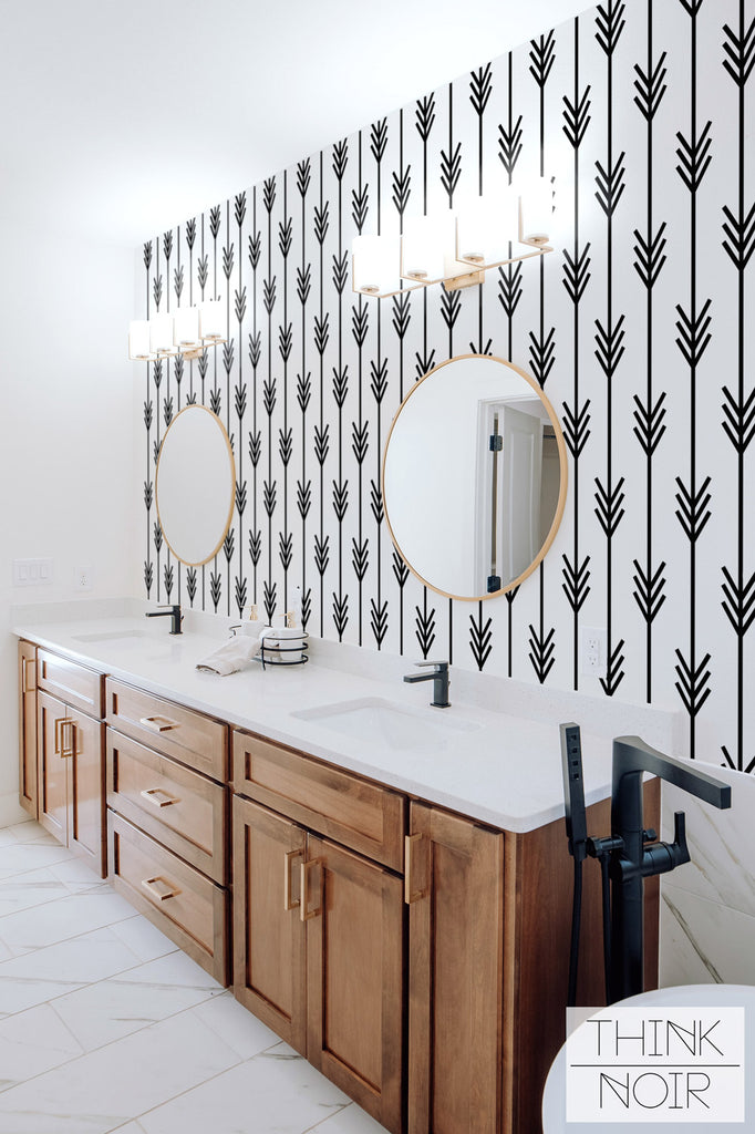 Modern bathroom arrow print accent wallpaper