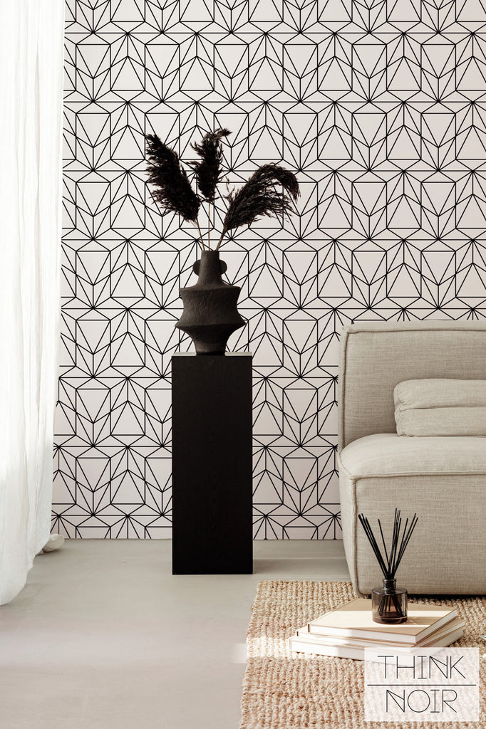 modern geometric star wallpaper in elegant living room setting