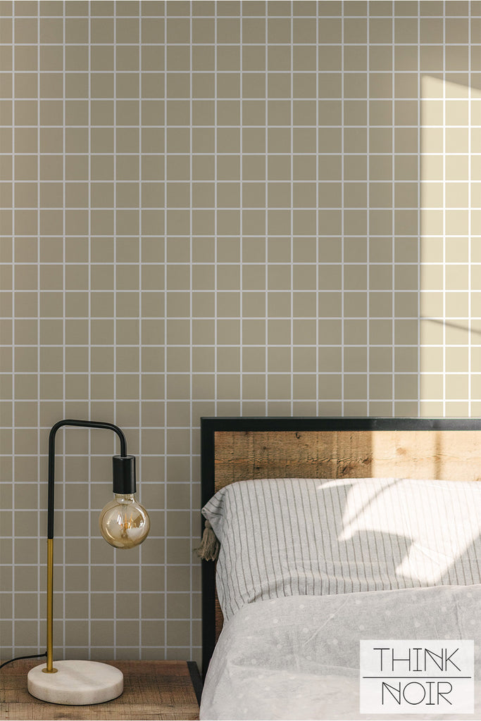 minimalistic style wallpaper with checkered print in a light bedroom setting