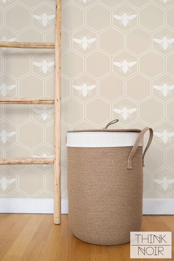 neutral bees print wallpaper design for elegant kids room interior
