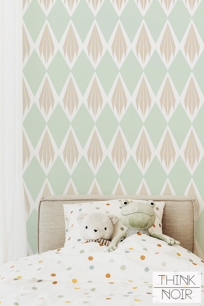 pastel green wallpaper design with diamond pattern for soft kids interior