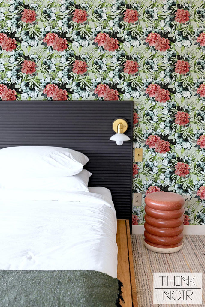 Floral wallpaper accent wall for bedroom design