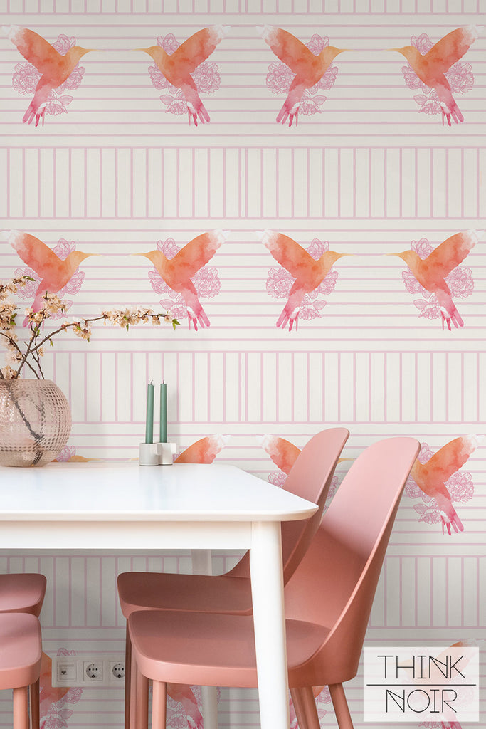 tiny bird print wallpaper for colorful dining area