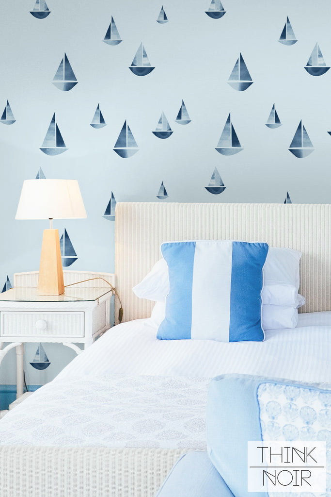 blue tiny sailboats print wallpaper for little boys bedroom