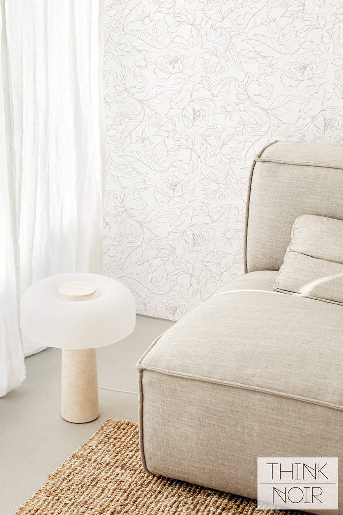 simple and minimalistic living room design with light pink floral wallpaper