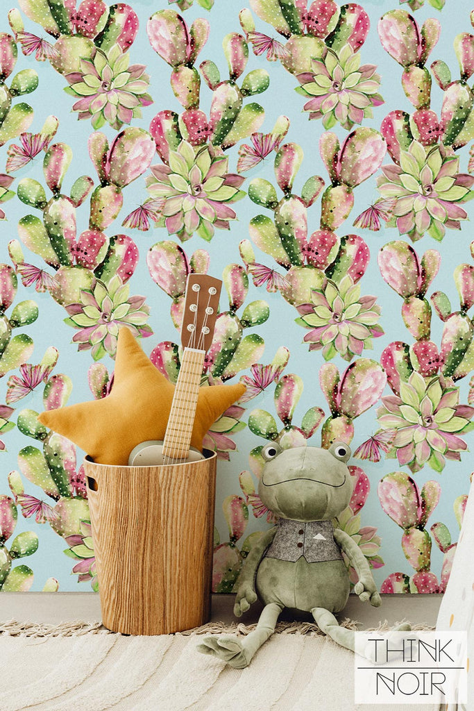 Watercolor cactus print removable wallpaper for kids room