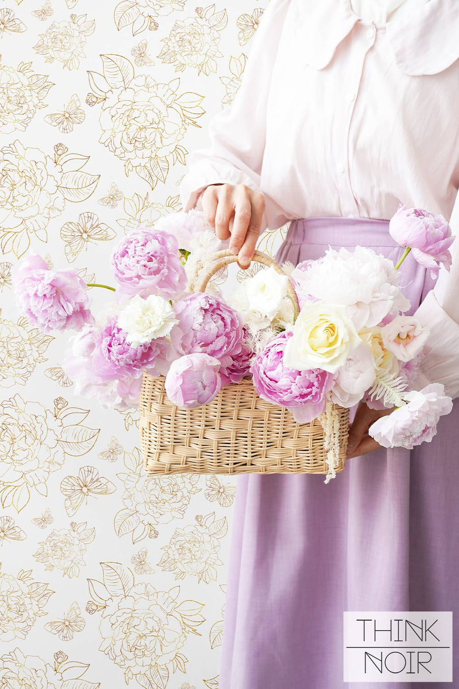 Golden color peonies and butterflies wallpaper