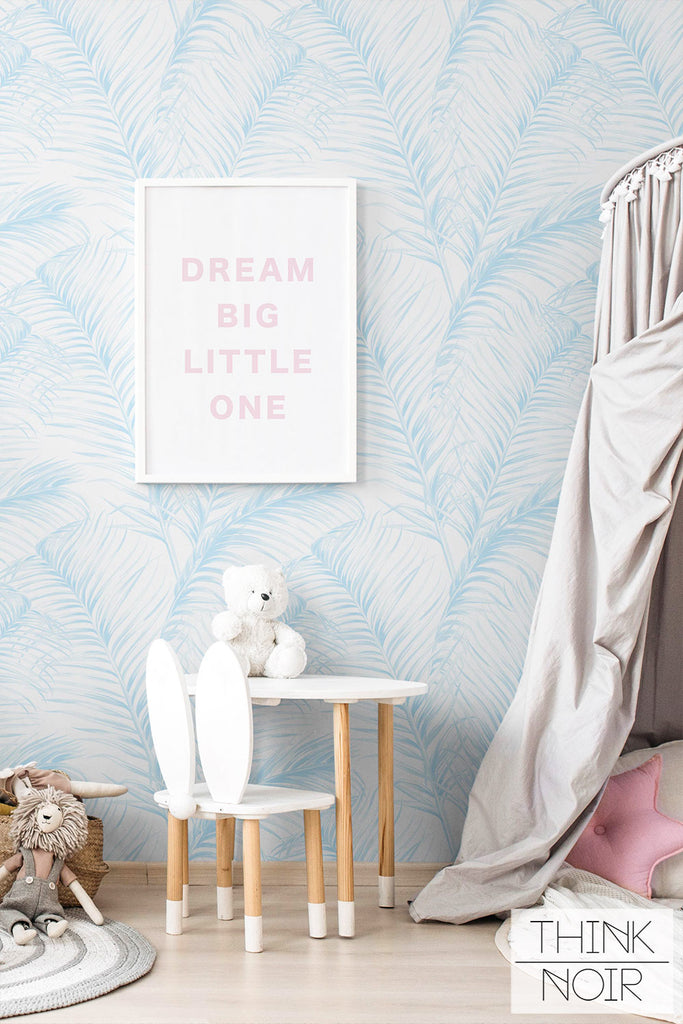 Light blue tropical palm leaf print wallpaper for girly room interior