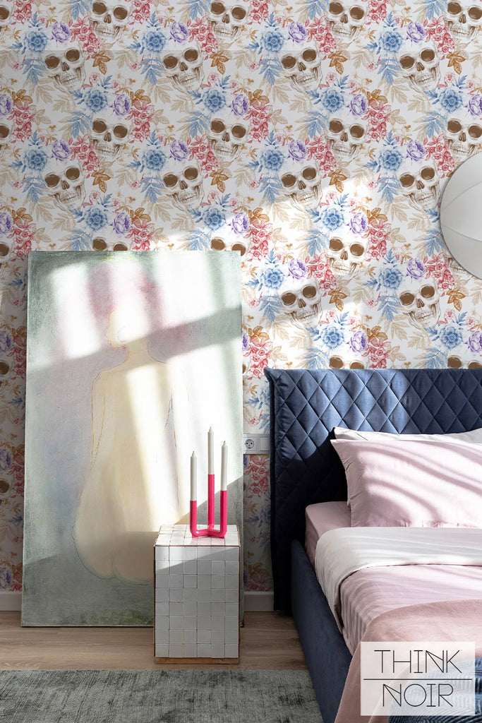 Sugar skull floral removable wallpaper in modern bedroom setting