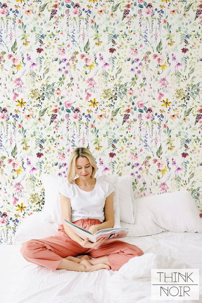 Colorful meadow flower wallpaper for feminine room
