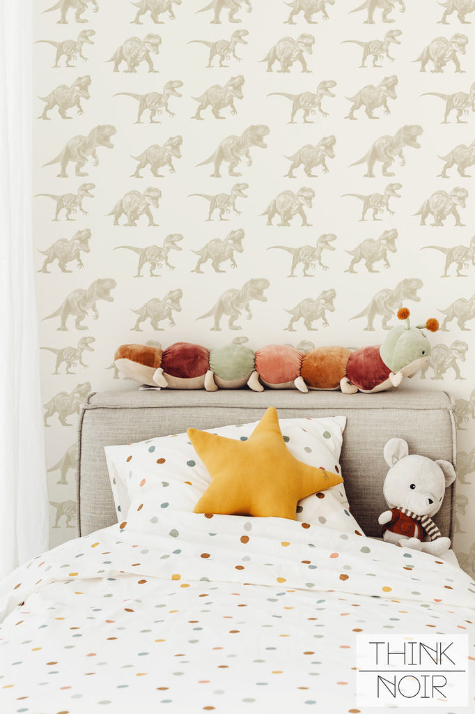 neutral kids bedroom interior with animal print wallpaper