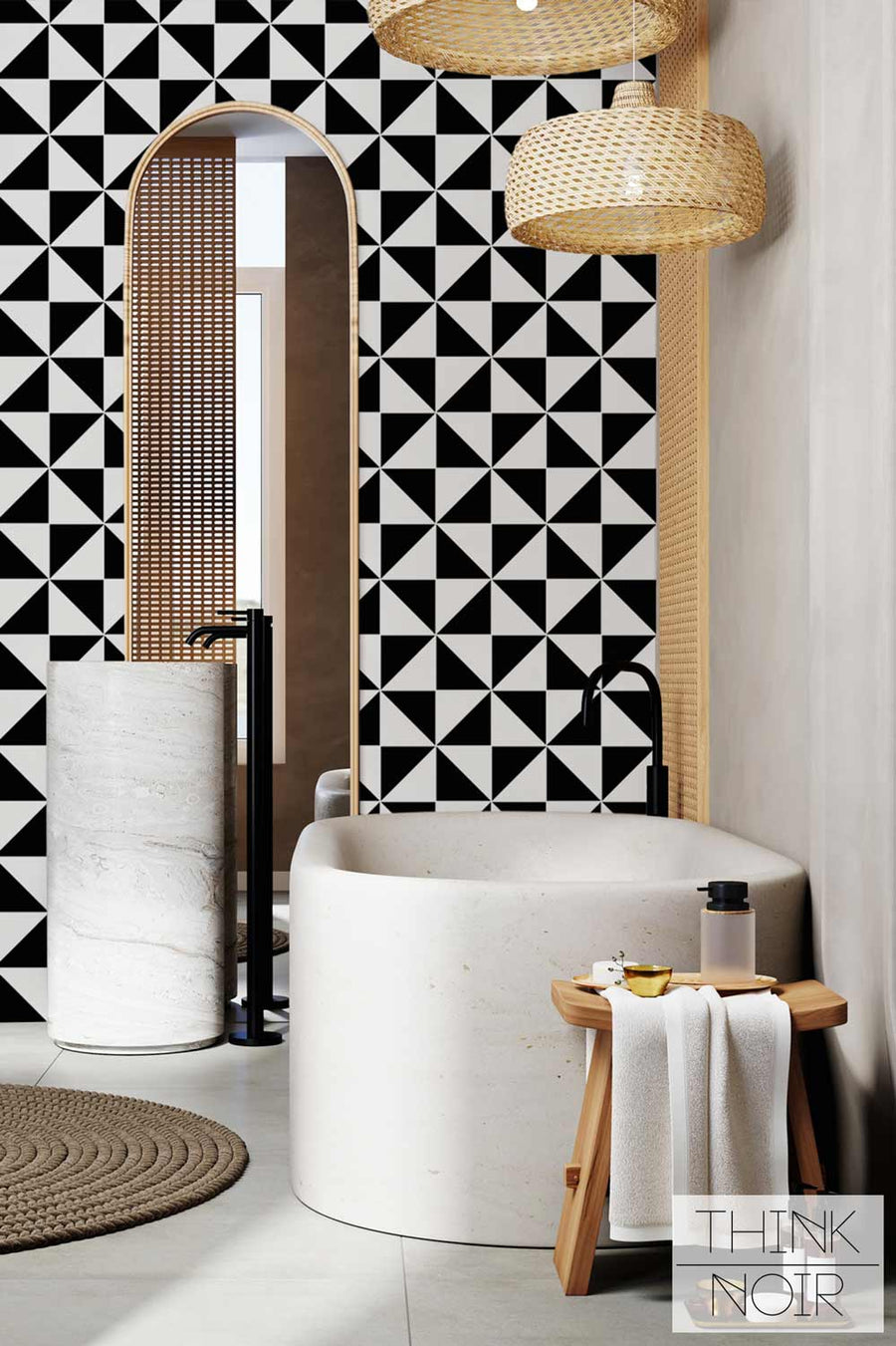 Modern eclectic geometric wallpaper design.
