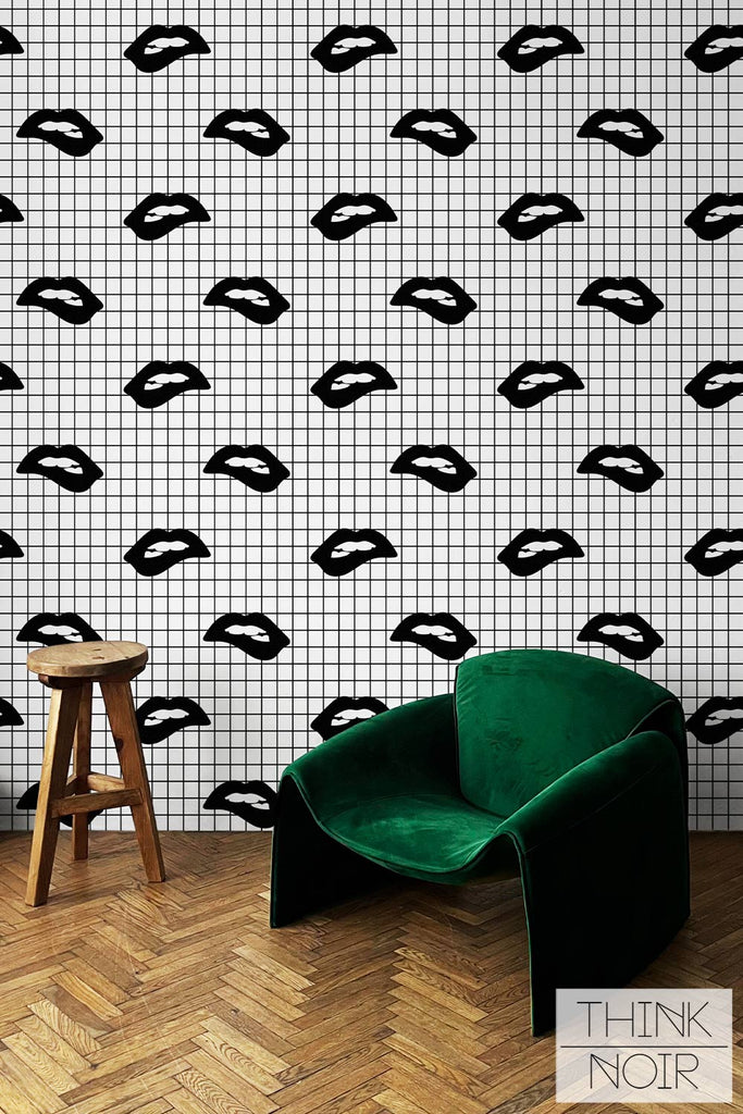 minimalistic home interior with bold lips print wallpaper